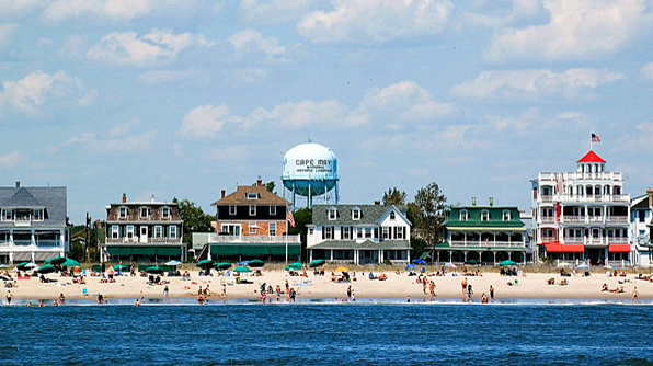 Jersey Shore skyline with water in foreground.